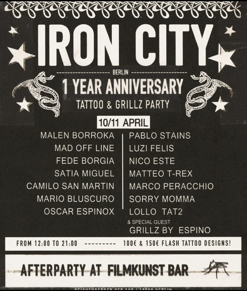 Iron City Tattoo 1 Year Anniversary Flyer — 10/11 April 2025